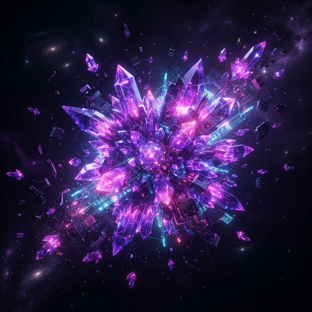 Glowing purple geometric AI hardware structures